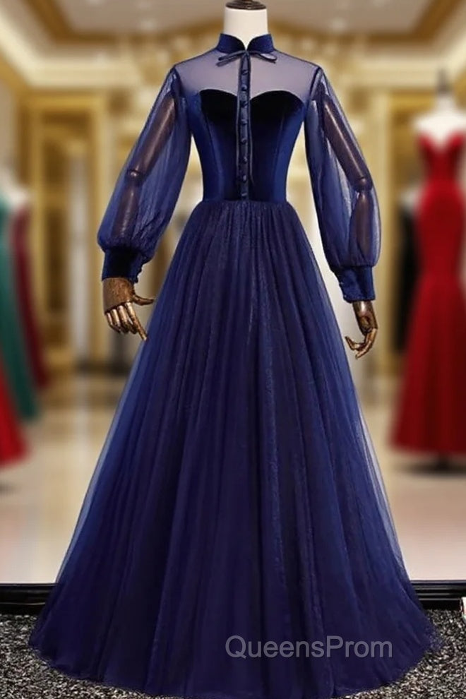 A-Line Evening Prom Dress Vintage Dress Party Wear Floor Length Long Sleeve Stand Collar Tulle With Bow(S) Strappy Main image