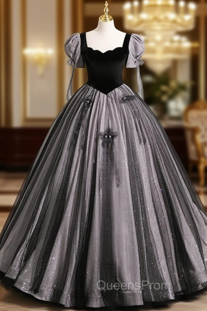 A-Line Puff Sleeves Black Long Evening Prom Dress, Black Sweet 16 Dress Main image