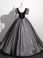 A-Line Puff Sleeves Black Long Evening Prom Dress, Black Sweet 16 Dress