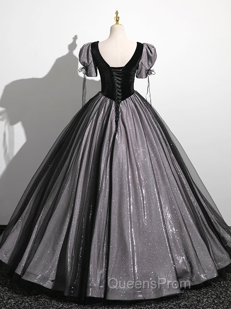 A-Line Puff Sleeves Black Long Evening Prom Dress, Black Sweet 16 Dress