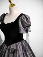 A-Line Puff Sleeves Black Long Evening Prom Dress, Black Sweet 16 Dress
