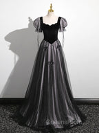 A-Line Puff Sleeves Black Long Evening Prom Dress, Black Sweet 16 Dress