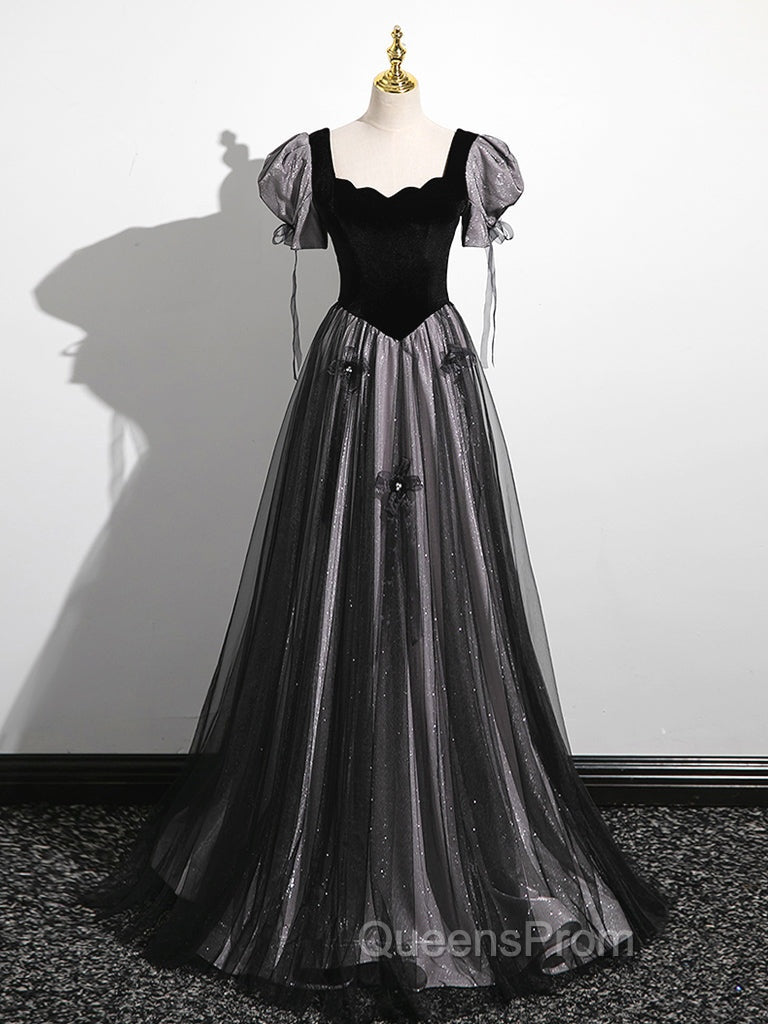 A-Line Puff Sleeves Black Long Evening Prom Dress, Black Sweet 16 Dress