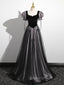 A-Line Puff Sleeves Black Long Evening Prom Dress, Black Sweet 16 Dress
