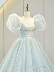 A-Line Puff Sleeves Blue Long Evening Prom Dress, Tulle Formal Evening Dress