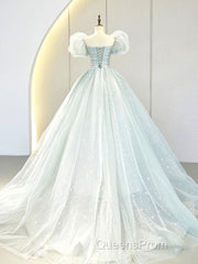 A-Line Puff Sleeves Blue Long Evening Prom Dress, Tulle Formal Evening Dress