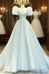 A-Line Puff Sleeves Blue Long Evening Prom Dress, Tulle Formal Evening Dress
