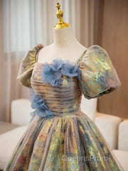 A-Line Puff Sleeves Gold Long Evening Prom Dress Quinceanera Dress With Flower Elegant