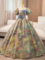 A-Line Puff Sleeves Gold Long Evening Prom Dress Quinceanera Dress With Flower Elegant