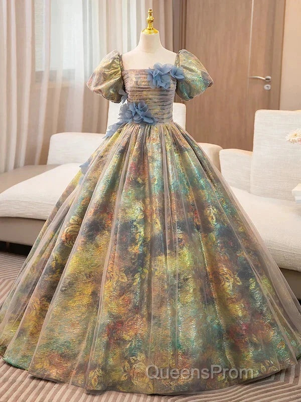 A-Line Puff Sleeves Gold Long Evening Prom Dress Quinceanera Dress With Flower Elegant