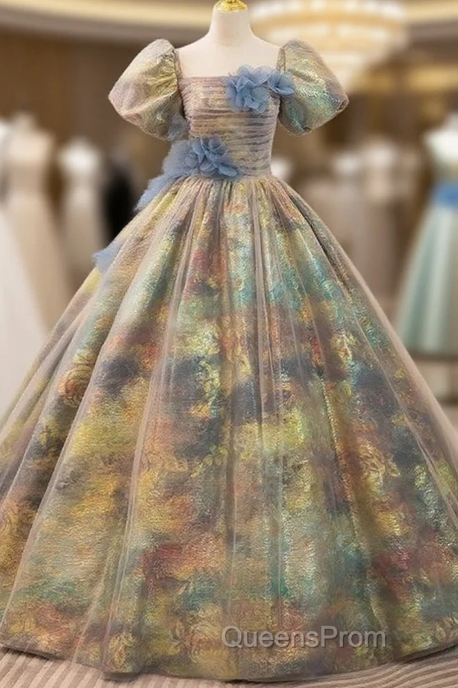 A-Line Puff Sleeves Gold Long Evening Prom Dress Quinceanera Dress With Flower Elegant Main image