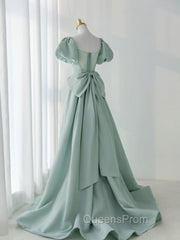 A-Line Puff Sleeves Green Long Evening Prom Dress, Green Evening Dress