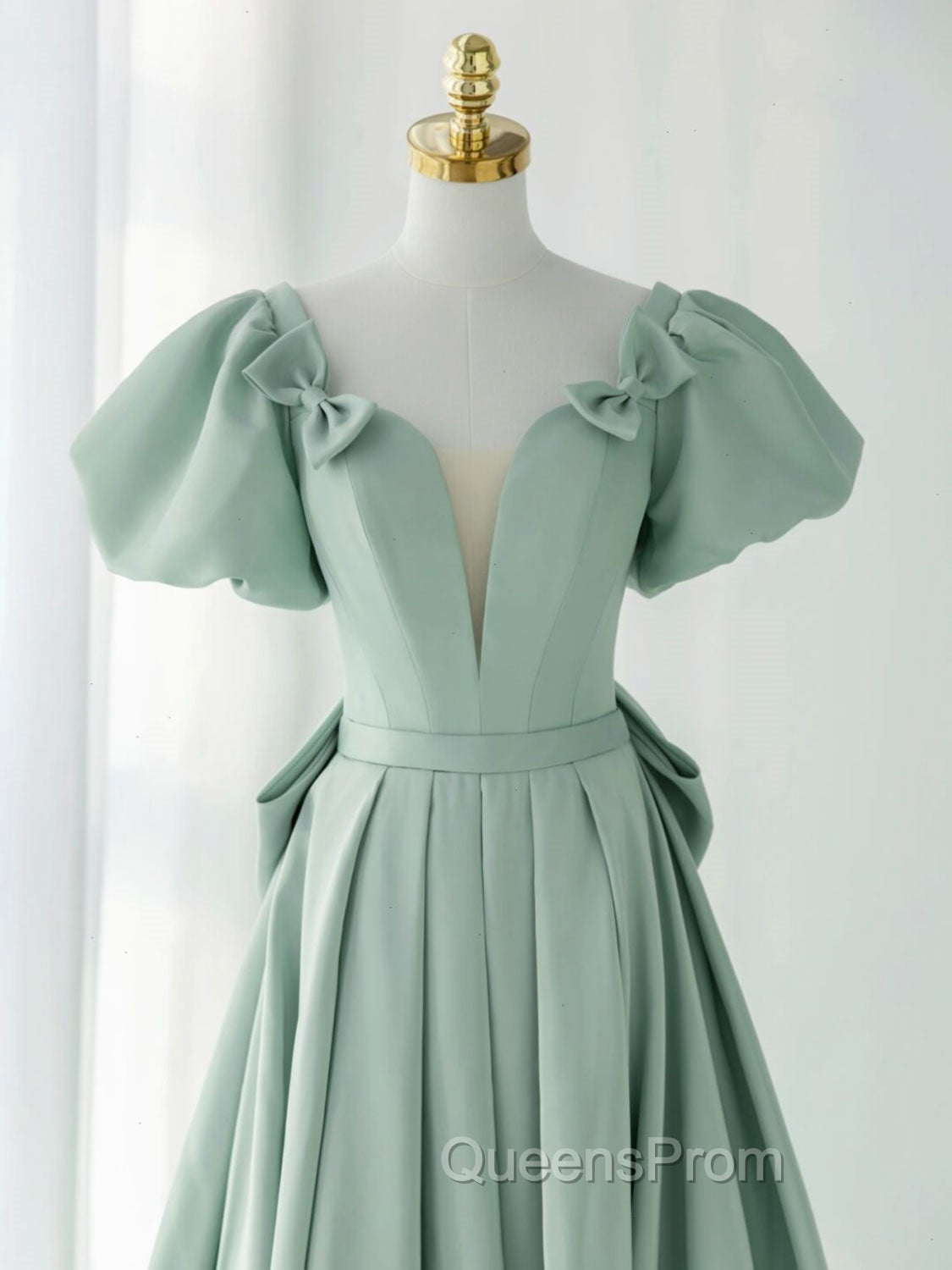 A-Line Puff Sleeves Green Long Evening Prom Dress, Green Evening Dress
