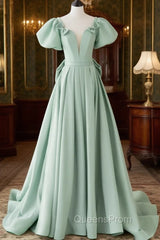 A-Line Puff Sleeves Green Long Evening Prom Dress, Green Evening Dress