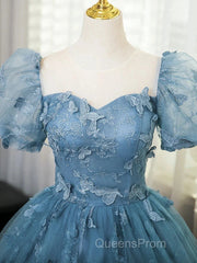 A-Line Puff Sleeves Lace Gray Blue Long Evening Prom Dress, Gray Blue Formal Dress