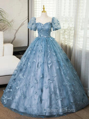 A-Line Puff Sleeves Lace Gray Blue Long Evening Prom Dress, Gray Blue Formal Dress