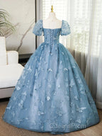 A-Line Puff Sleeves Lace Gray Blue Long Evening Prom Dress, Gray Blue Formal Dress