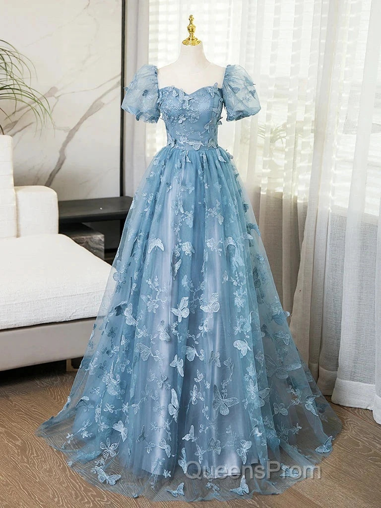 A-Line Puff Sleeves Lace Gray Blue Long Evening Prom Dress, Gray Blue Formal Dress