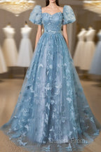 A-Line Puff Sleeves Lace Gray Blue Long Evening Prom Dress, Gray Blue Formal Dress