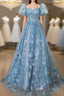 A-Line Puff Sleeves Lace Gray Blue Long Evening Prom Dress, Gray Blue Formal Dress
