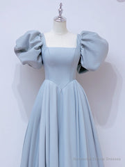 A-Line Puff sleeves Long Blue Prom Dress, Square Neckline Blue Long Formal Dress