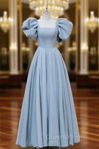 A-Line Puff sleeves Long Blue Evening Prom Dress, Square Neckline Blue Long Evening Dress