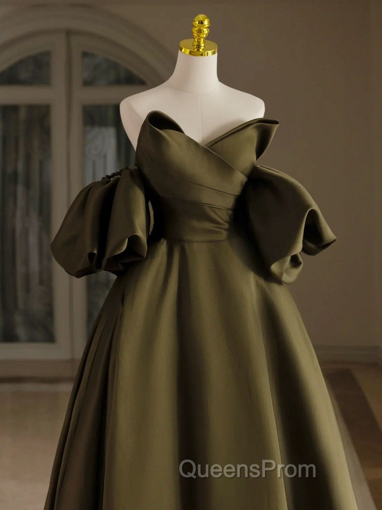 A-Line Puff Sleeves Olive Green Satin Long Evening Prom Dress, Olive Green Long Evening Dress Secondary image