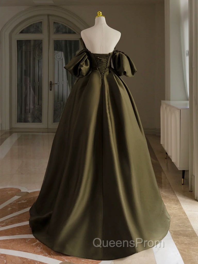 A-Line Puff Sleeves Olive Green Satin Long Evening Prom Dress, Olive Green Long Evening Dress