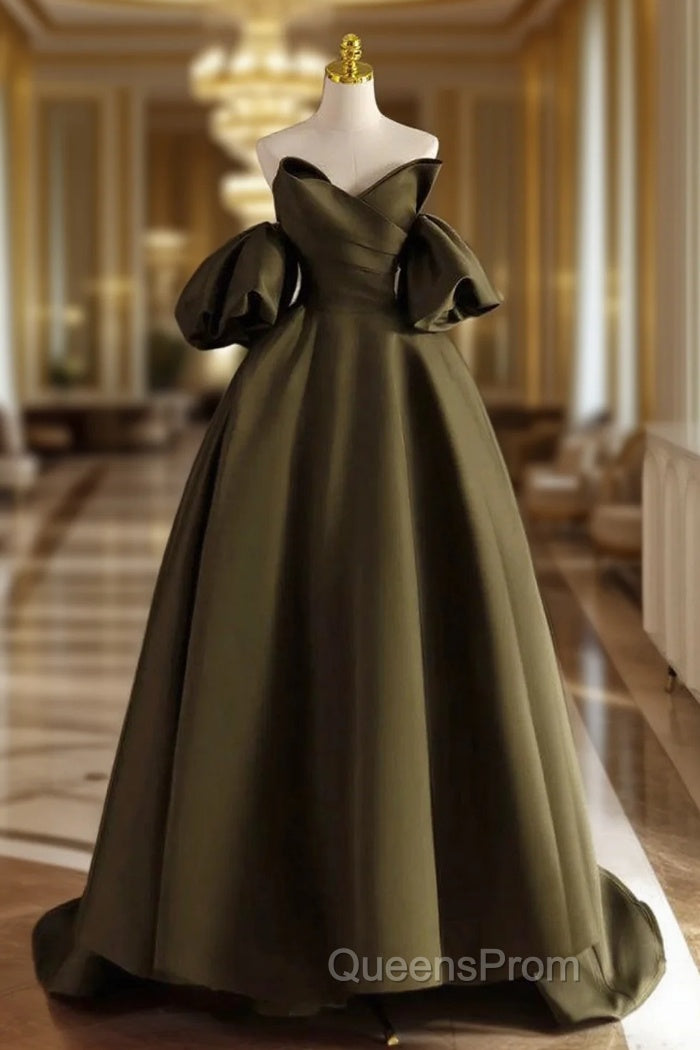 A-Line Puff Sleeves Olive Green Satin Long Evening Prom Dress, Olive Green Long Evening Dress Main image