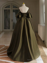 A-Line Puff Sleeves Olive Green Satin Long Prom Dress, Olive Green Long Formal Dress