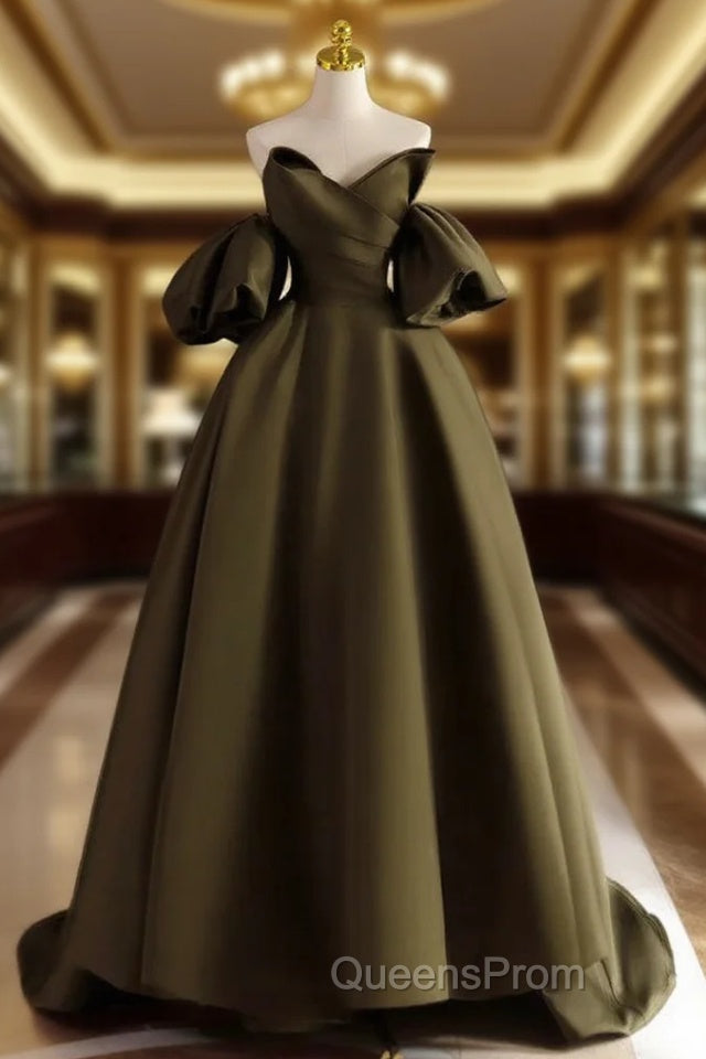 A-Line Puff Sleeves Olive Green Satin Long Evening Prom Dress, Olive Green Long Evening Dress