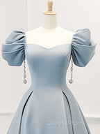 A-Line Puff Sleeves Satin Blue Long Evening Prom Dress, Blue Long Evening Dress