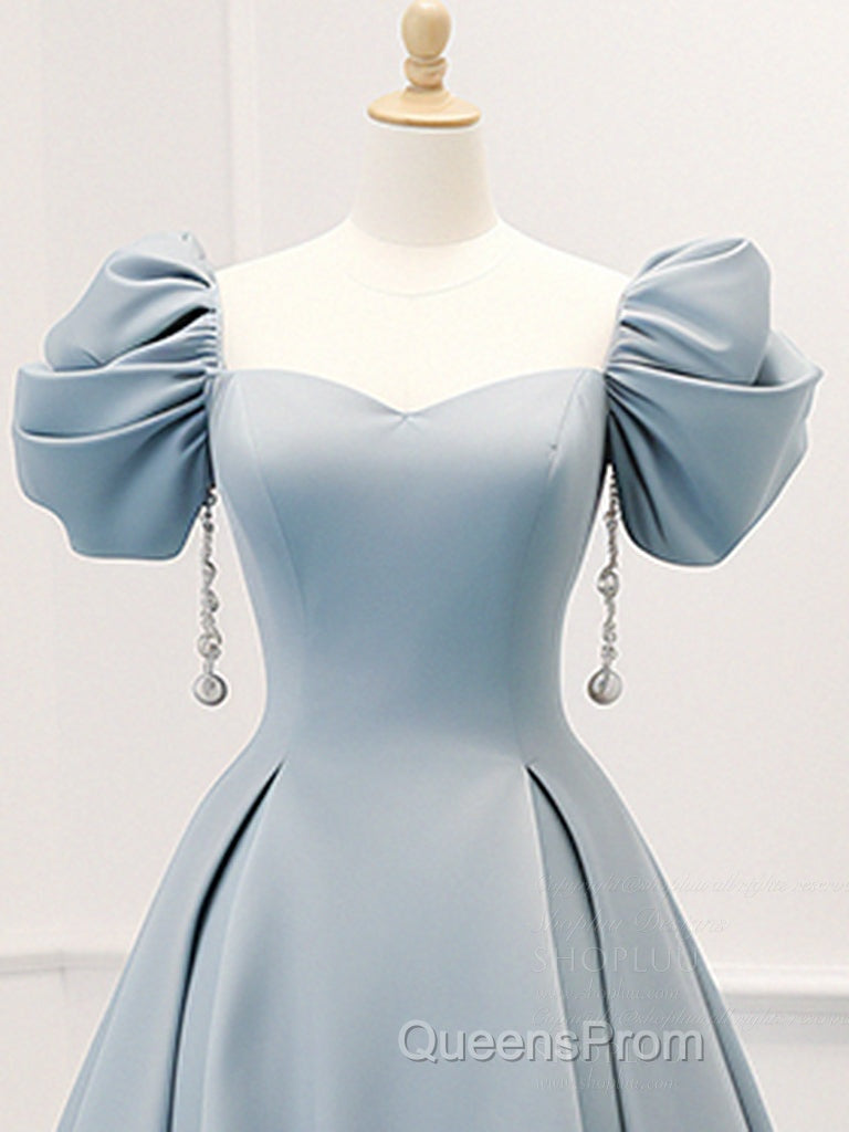 A-Line Puff Sleeves Satin Blue Long Evening Prom Dress, Blue Long Evening Dress