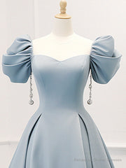A-Line Puff Sleeves Satin Blue Long Prom Dress, Blue Long Formal Dress