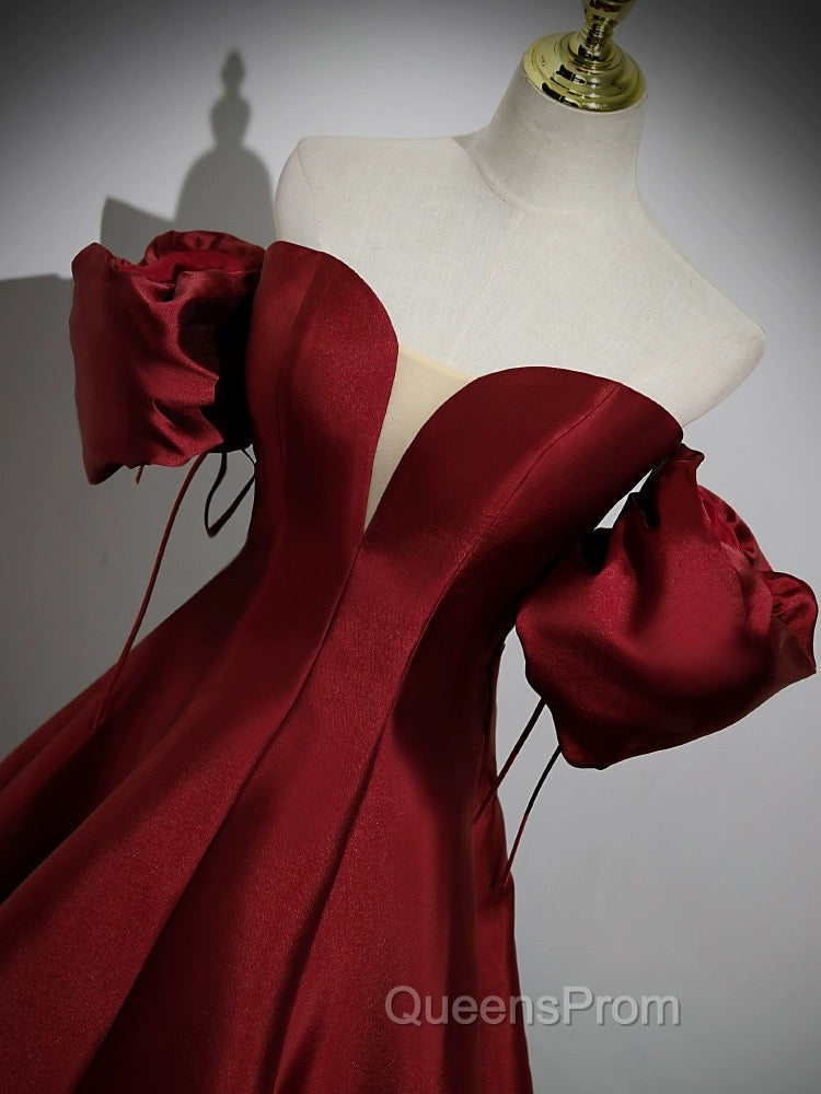 A-Line Puff Sleeves Satin Burgundy Long Evening Prom Dress, Burgundy Long Evening Dress