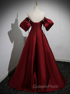 A-Line Puff Sleeves Satin Burgundy Long Evening Prom Dress, Burgundy Long Evening Dress