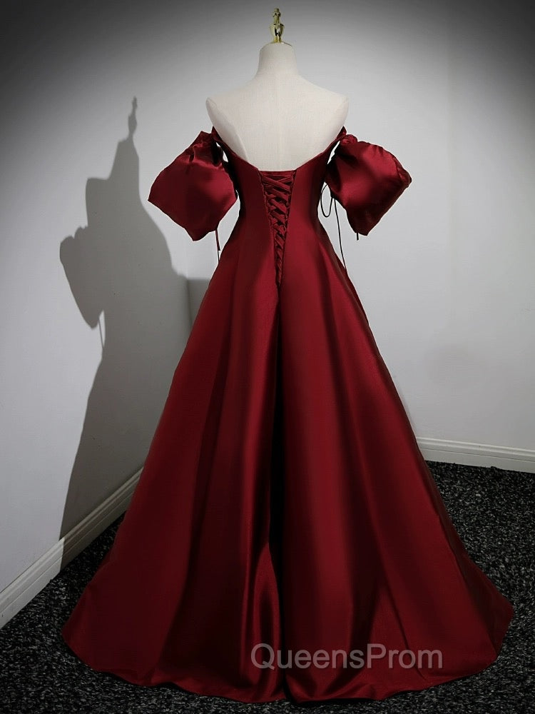 A-Line Puff Sleeves Satin Burgundy Long Evening Prom Dress, Burgundy Long Evening Dress