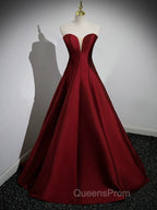 A-Line Puff Sleeves Satin Burgundy Long Evening Prom Dress, Burgundy Long Evening Dress