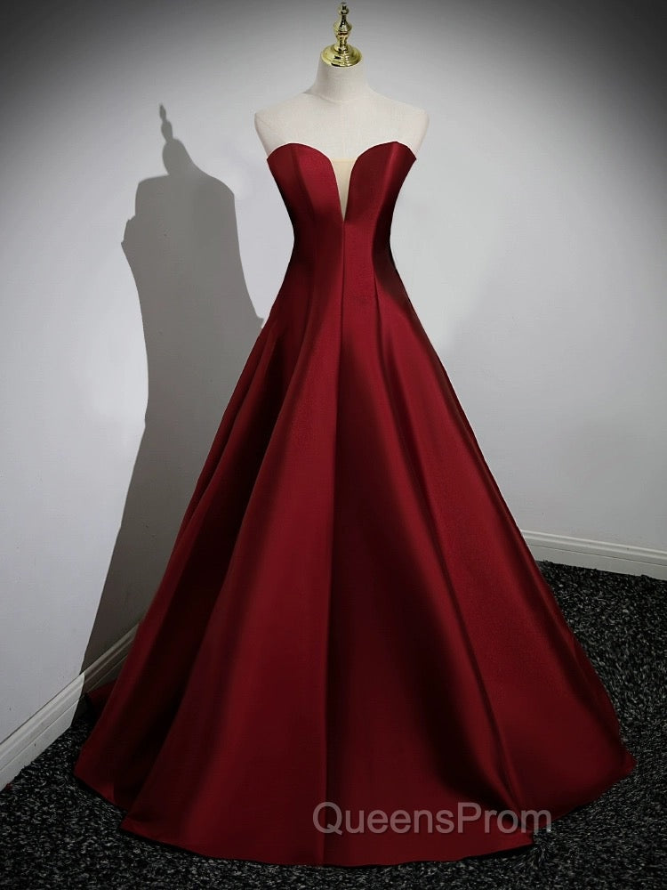 A-Line Puff Sleeves Satin Burgundy Long Evening Prom Dress, Burgundy Long Evening Dress