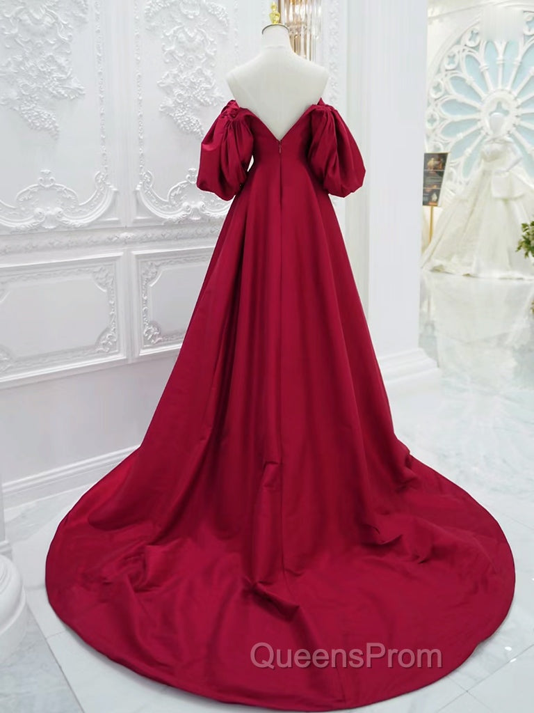 A-Line Puff Sleeves Satin Dark Red Long Evening Prom Dress, Dark Red Long Evening Dress Secondary image