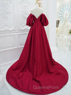 A-Line Puff Sleeves Satin Dark Red Long Evening Prom Dress, Dark Red Long Evening Dress