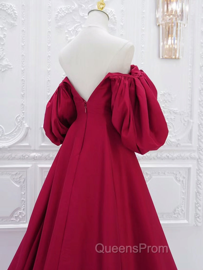 A-Line Puff Sleeves Satin Dark Red Long Evening Prom Dress, Dark Red Long Evening Dress