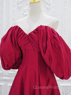 A-Line Puff Sleeves Satin Dark Red Long Evening Prom Dress, Dark Red Long Evening Dress
