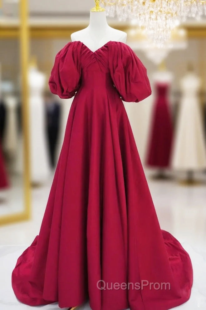 A-Line Puff Sleeves Satin Dark Red Long Evening Prom Dress, Dark Red Long Evening Dress Main image