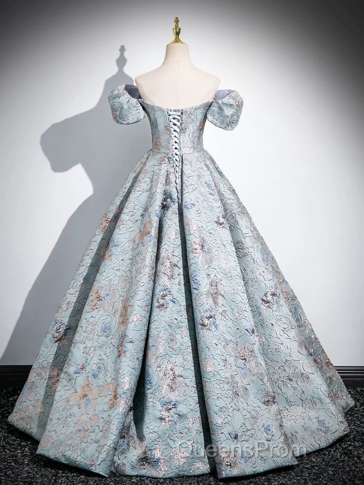 A-Line Puff Sleeves Satin Gray Blue Long Evening Prom Dress, Gray Blue Long Evening Dress