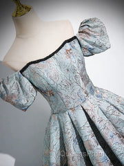 A-Line Puff Sleeves Satin Gray Blue Long Evening Prom Dress, Gray Blue Long Evening Dress