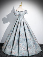 A-Line Puff Sleeves Satin Gray Blue Long Evening Prom Dress, Gray Blue Long Evening Dress