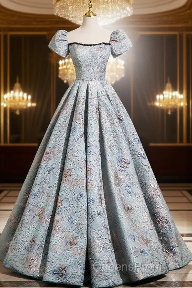 A-Line Puff Sleeves Satin Gray Blue Long Evening Prom Dress, Gray Blue Long Evening Dress Main image