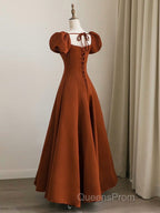 A-Line Puff Sleeves Satin Long Evening Prom Dress, Long Evening Dress