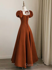 A-Line Puff Sleeves Satin Long Evening Prom Dress, Long Evening Dress